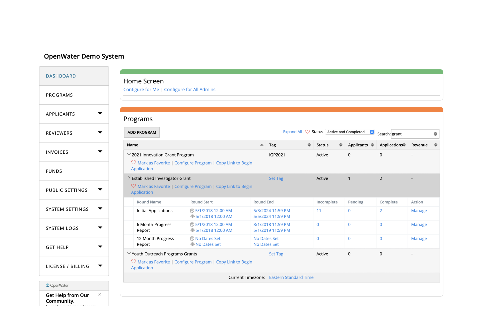 The progress reporting tool in OpenWater’s grant management software.